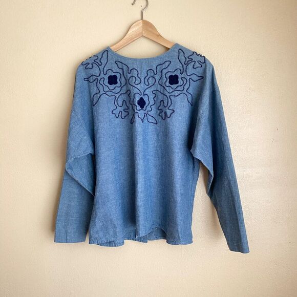 Vintage Via Sant Andrea 90s L Button Back Blouse Blue Denim Floral Embroidery - Picture 3 of 10